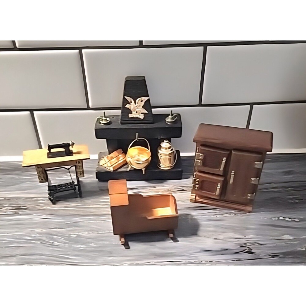Vintage Dollhouse Furniture Lot Cradle Dresser Fireplace Sewing Machine 1:12